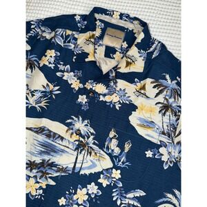 Tommy Bahama Silk Hawaiian Shirt Mens M Blue Tropical Hula Dancer Palm Tree Sail